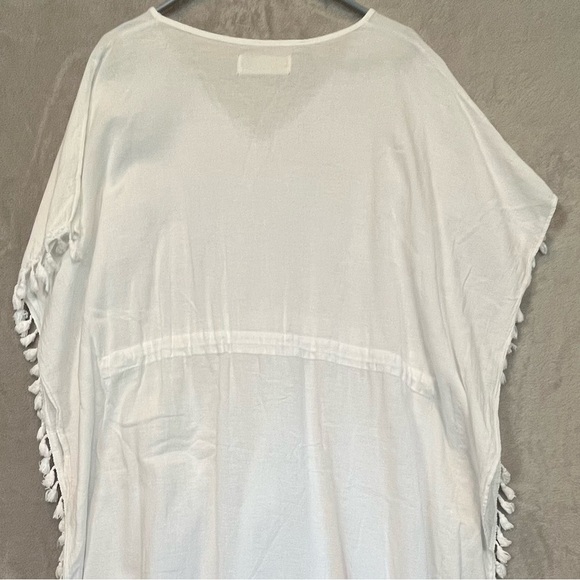 Peruvian Cotton Resortwear White Maxi Kaftan Cover Up Fringe Sz M Made in Peru - Picture 13 of 13